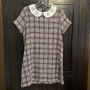 Zara Red and Cream Plaid Tweed Dress with Embellished Peter Pan Collar